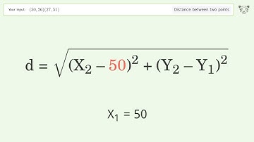 Find the distance between two points p1 (50,26) and p2 (27,51): Step-by-Step Video Solution