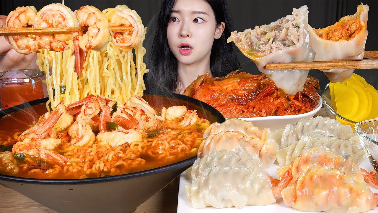 ASMR MUKBANG | Креветочная бомба 💣 Креветочный рамен-лапша 🦐 Кимчи и манду (пельмени) 🥟