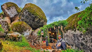 Building Shelter Among the big rocks _ Bushcraft SURVIVAL Camping