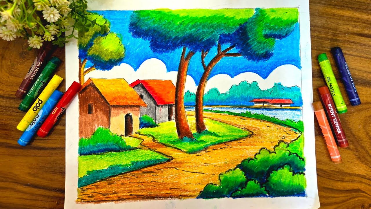 Village Scenery Drawing With Oil Pastel Colour/Easy Village Scenery Drawing