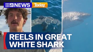Young Carpenter Reels In Great White Shark After 35minute Battle  9 News Australia