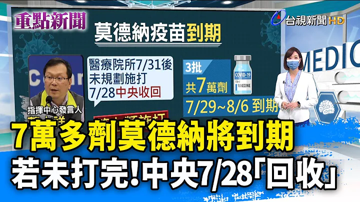7萬多劑莫德納將到期 若未打完！ 中央7/28「回收」【重點新聞】-20210725 - 天天要聞