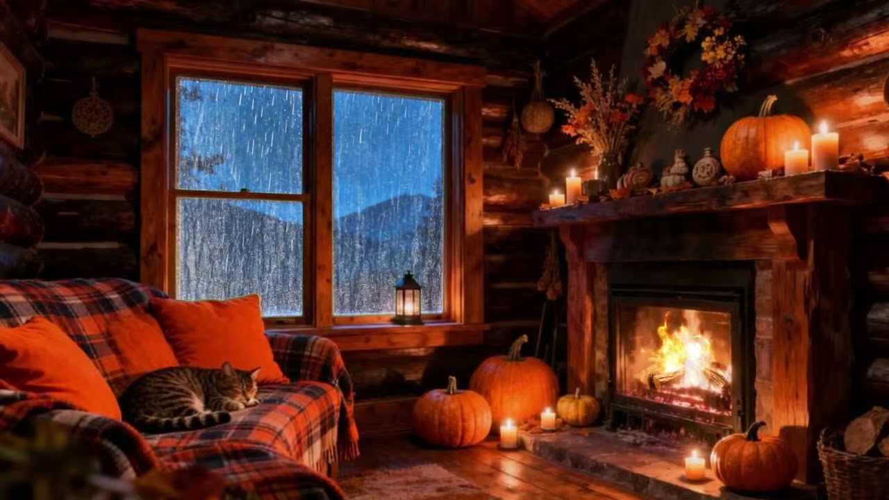 Cozy Cabin Ambience - Rain, Fireplace & Thunder Sounds for Deep Sleep (8 Hours)