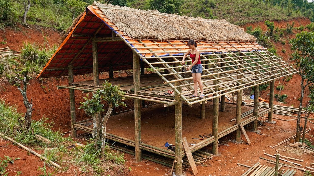 Building a Two Story Wooden Farm Structure on a Mountainside , Rural Life