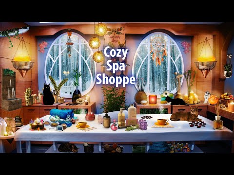 Cozy Spa Shoppe 🌺 ASMR Ambience (fire, water, crinkling, chimes, flute sounds) 🌺