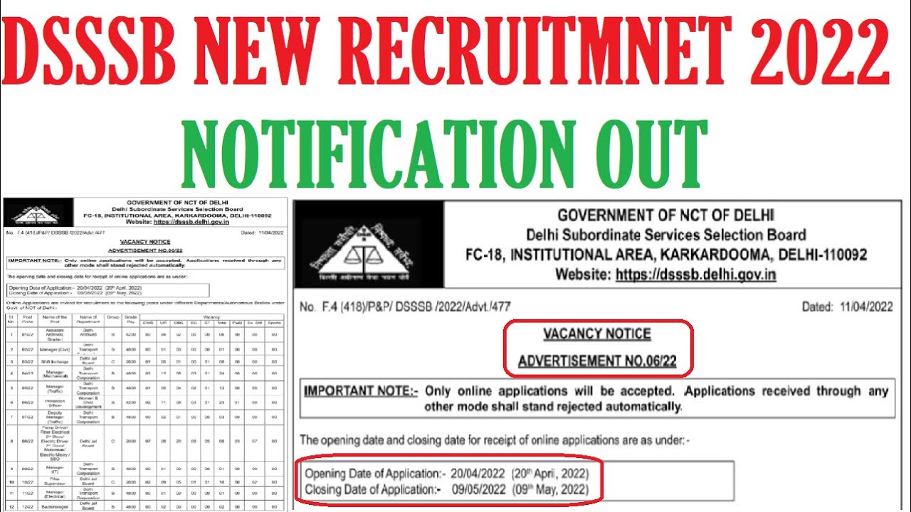 खुशखबरी- DSSSB NEW RECRUITMENT 2022 NOTIFICATION OUT | DSSSB ने आज नई भर्ती का विज्ञापन 2022 जारी