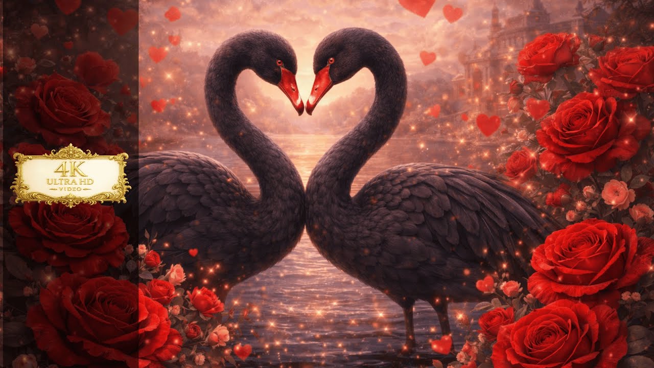 Black Swan Love | Red Roses Gold Frame TV Art 4K | 2 Hours Silent Screensaver (No Music)