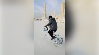 Old shared bikes turned into ice bikes in NE China