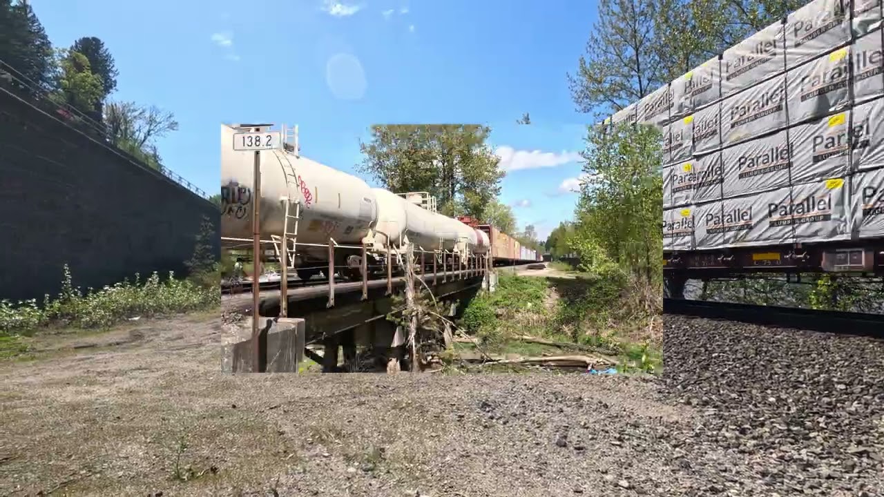 BNSF multi engine multi cargo train passes by Delta River Road