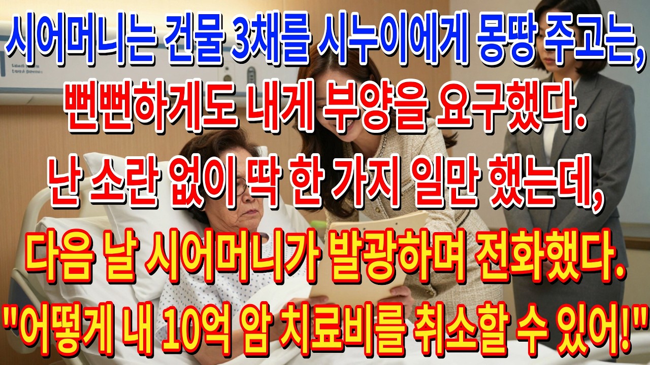 시어머니는 건물 3채를 시누이에게 몽땅 주고는, 뻔뻔하게도 내게 부양을 요구했다. 난 소란 없이 딱 한 가지 일만 했는데, 다음 날 시어머니가 발광하며 전화했다.| 고부사연 |
