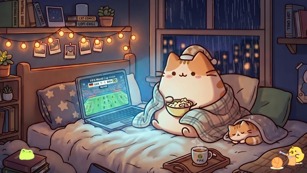 Ver Mochi Cat Rainy World Cup FIFA Night 🌧️ Lofi Jazz for Sleep & Relax ⚽Chill Beats Late Night Football no YouTube Ver Mochi Cat Rainy World Cup FIFA Night 🌧️ Lofi Jazz for Sleep & Relax ⚽Chill Beats Late Night Football no YouTube