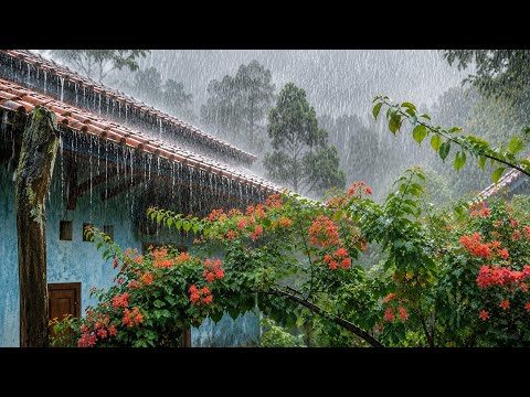 🌧️ Rain in a Cozy Garden Space | Rain on a Covered Terrace & Flowered Walkway