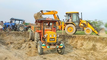 JCB 3DX Backhoe Loader Loading Mud Work By Mahindra Tractor | tractor video | come to village |