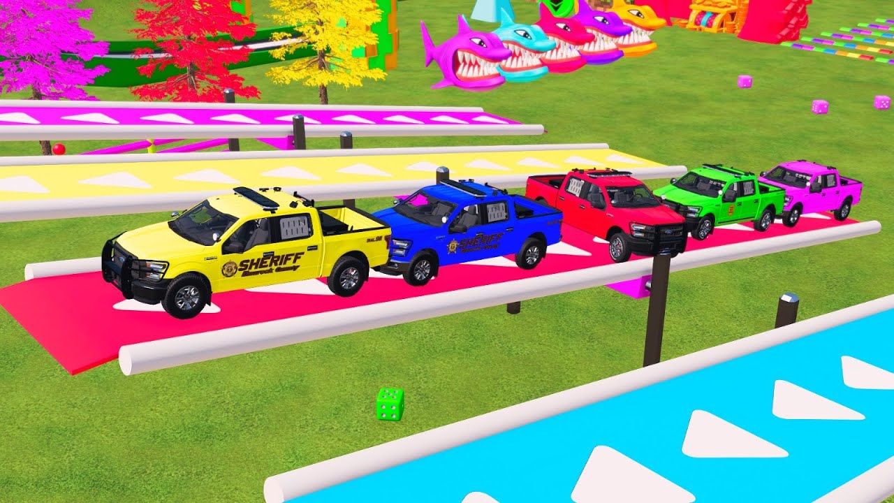 Flatbed Truck McQueen – Transportation with Truck | Police Cars vs IMPOSSIBLE Color Bridge #7