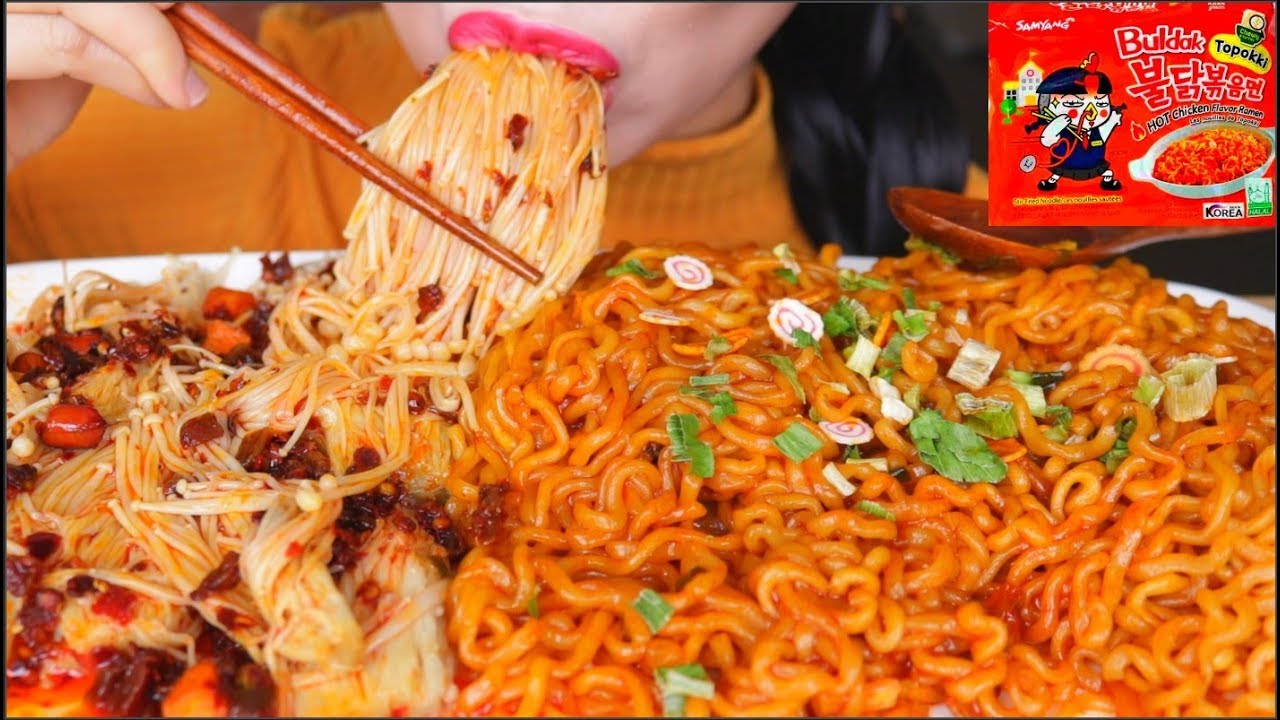 ASMR SAMYANG JJOLBOKKI NOODLES | SPICY SWEET CHEWY FIRE NOODLES | ENOKI MUSHROOMS | EATING SOUNDS