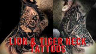 Lion and tiger neck tattoos for men | lion neck tattoos for men | tiger neck tattoos for men