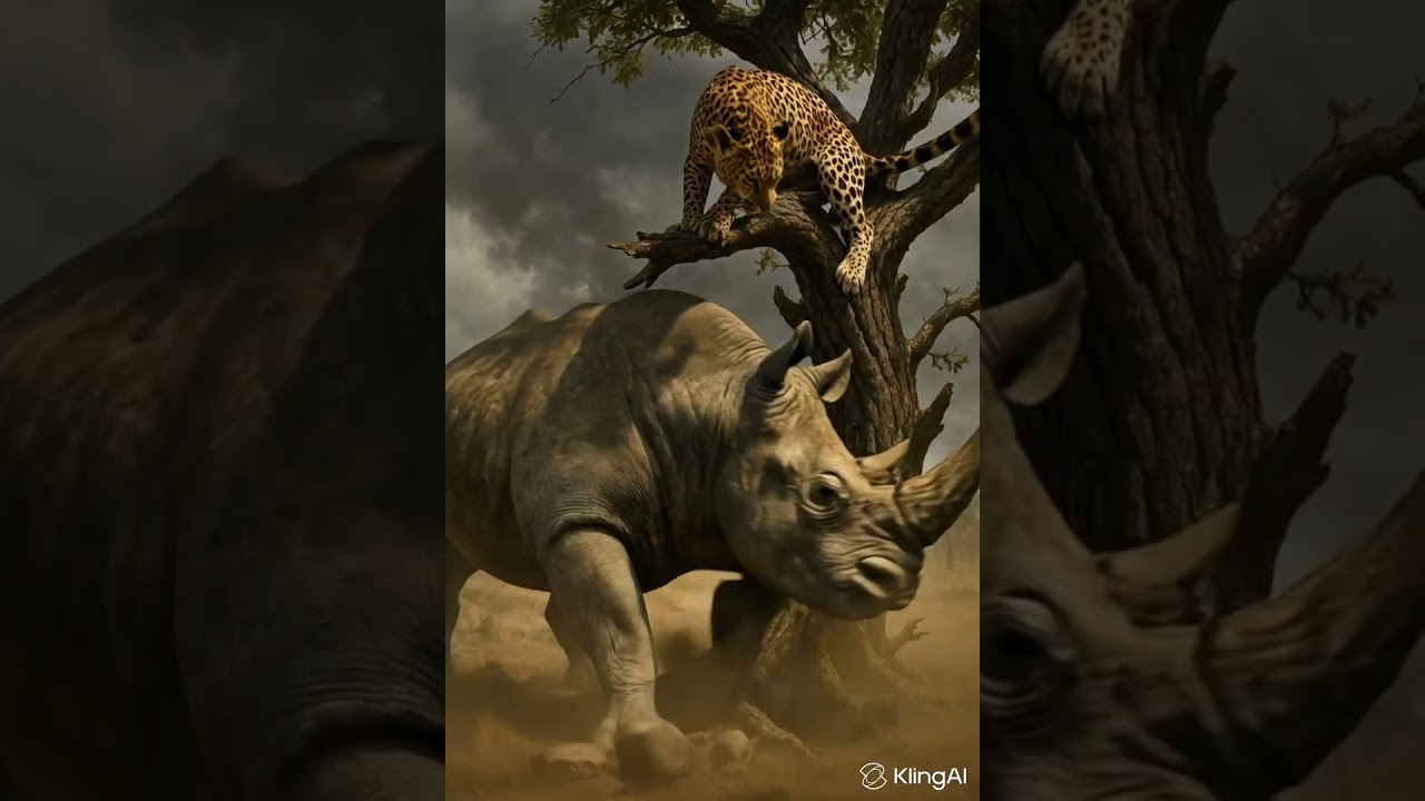 Angry Rhino, Leopard’s Grip! 🦏🌳🐆 