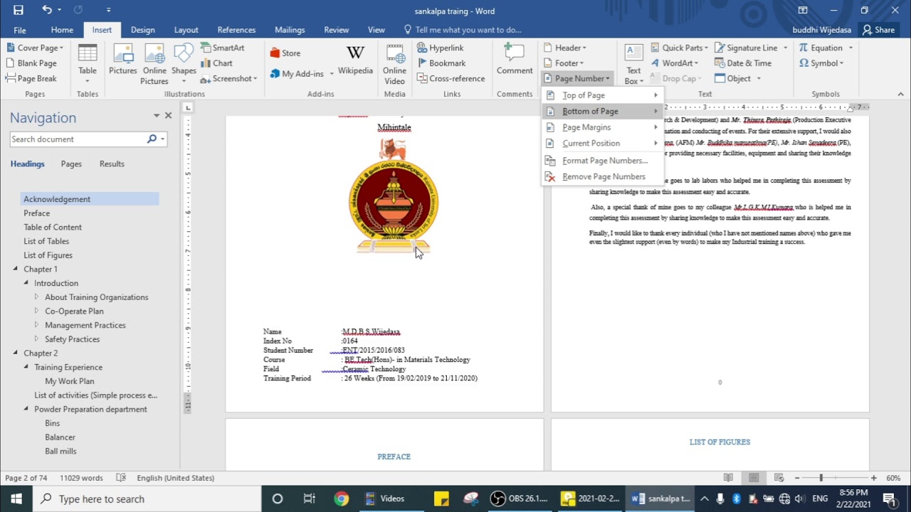 How to Add Page Numbers For Industrial Training Report Sinhala