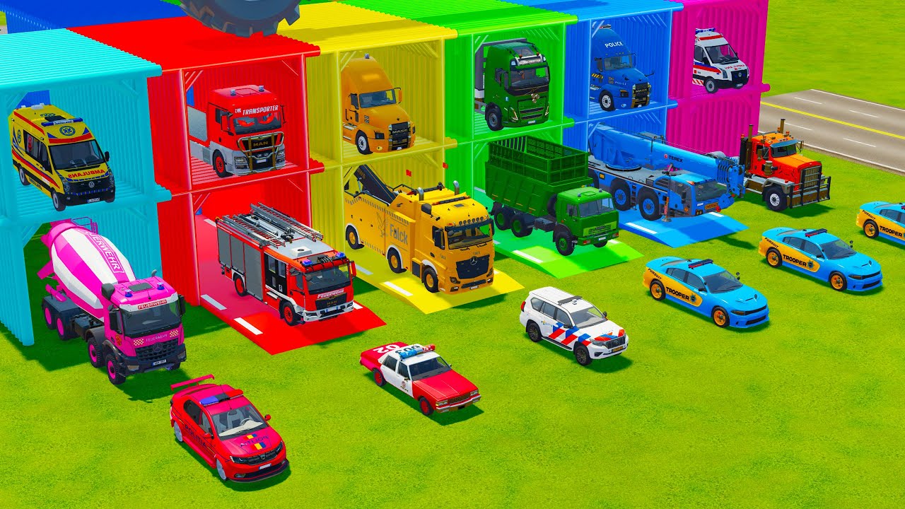 ALL EMERGENCY AND POLICE VEHICLES, FIRE ENGINE, RESCUE MIXER TRUCK TRANSPORT TO GARAGE - FS22