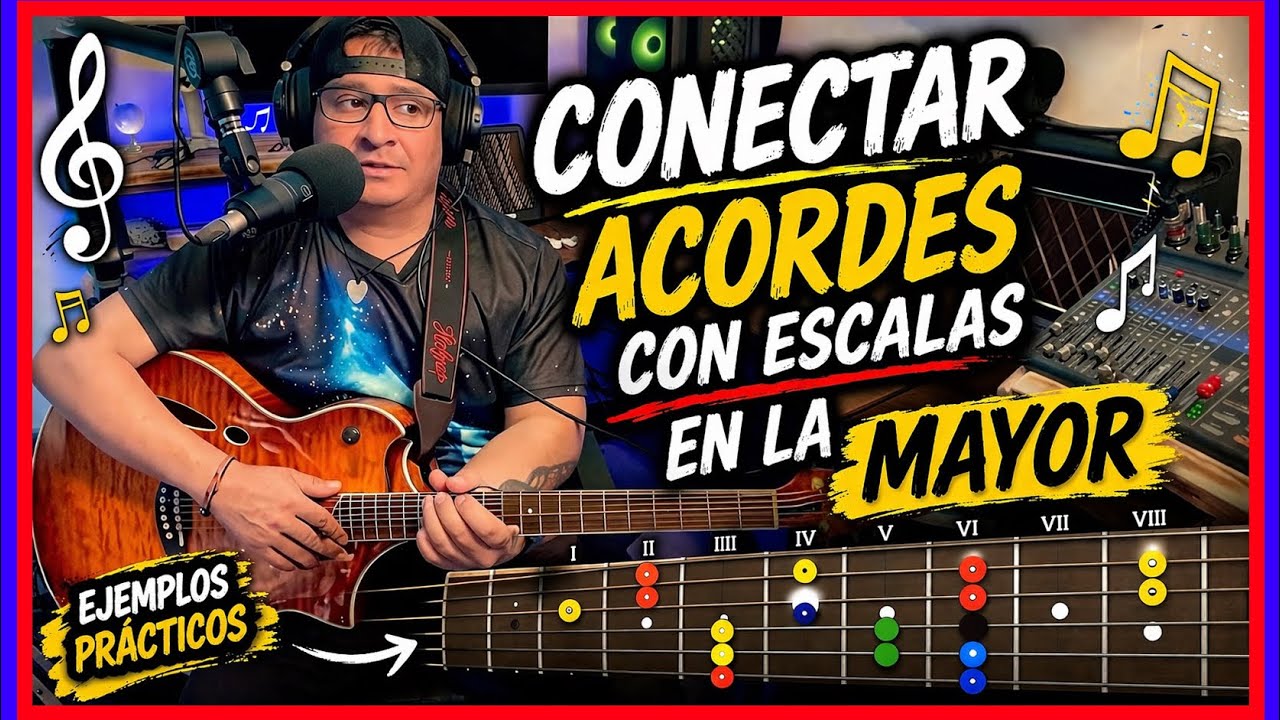 Conecta acordes en  LA MAYOR  con LA ESCALA fácil PRINCIPIANTES