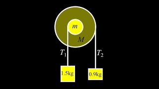 Double Atwood machine with two hanging masses: solve for the tensions and angular acceleration.