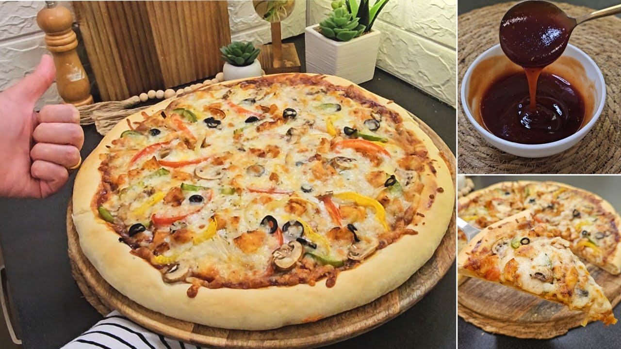 الذ بيتزا بحجم عائلي وصلصة جديدة بدون طبخ تجنن وعجينه خفيفة واقتصادية | بيتزا دجاج | عجينة بيتزا