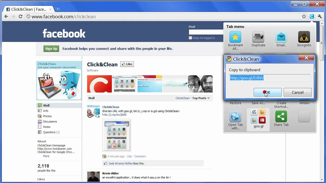 Shorten URL with goo.gl, bit.ly, j.mp or is.gd using Click&Clean