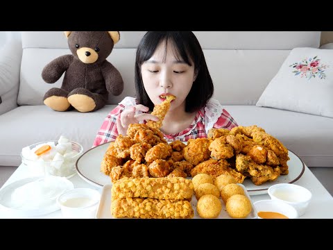 그냥나도🧸자담치킨 신메뉴 스리라차치킨 + 치요링치킨 먹방 <strong>ft</strong>. 모짜감자,치즈볼 <strong>REAL</strong> SOUND MUKBANG | Chicken, Cheese ball :D