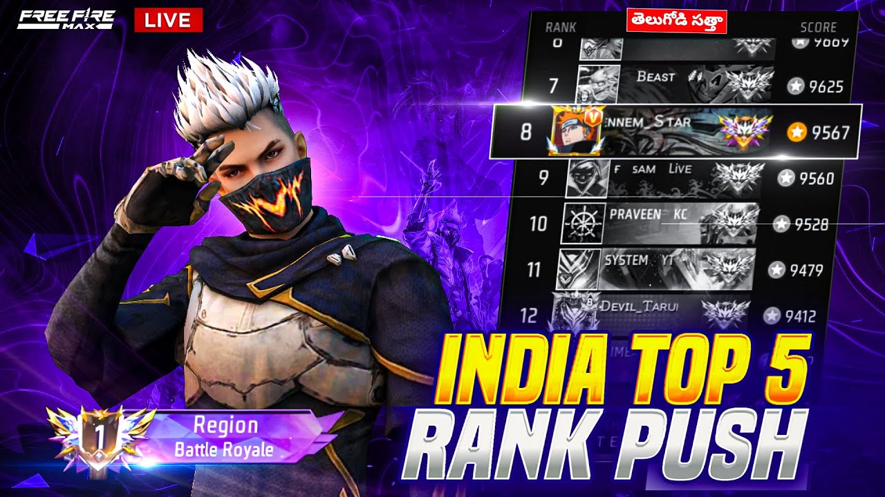 Pennem Star Top1 Grandmaster Rank Push Live - Telugu Free Fire Live 