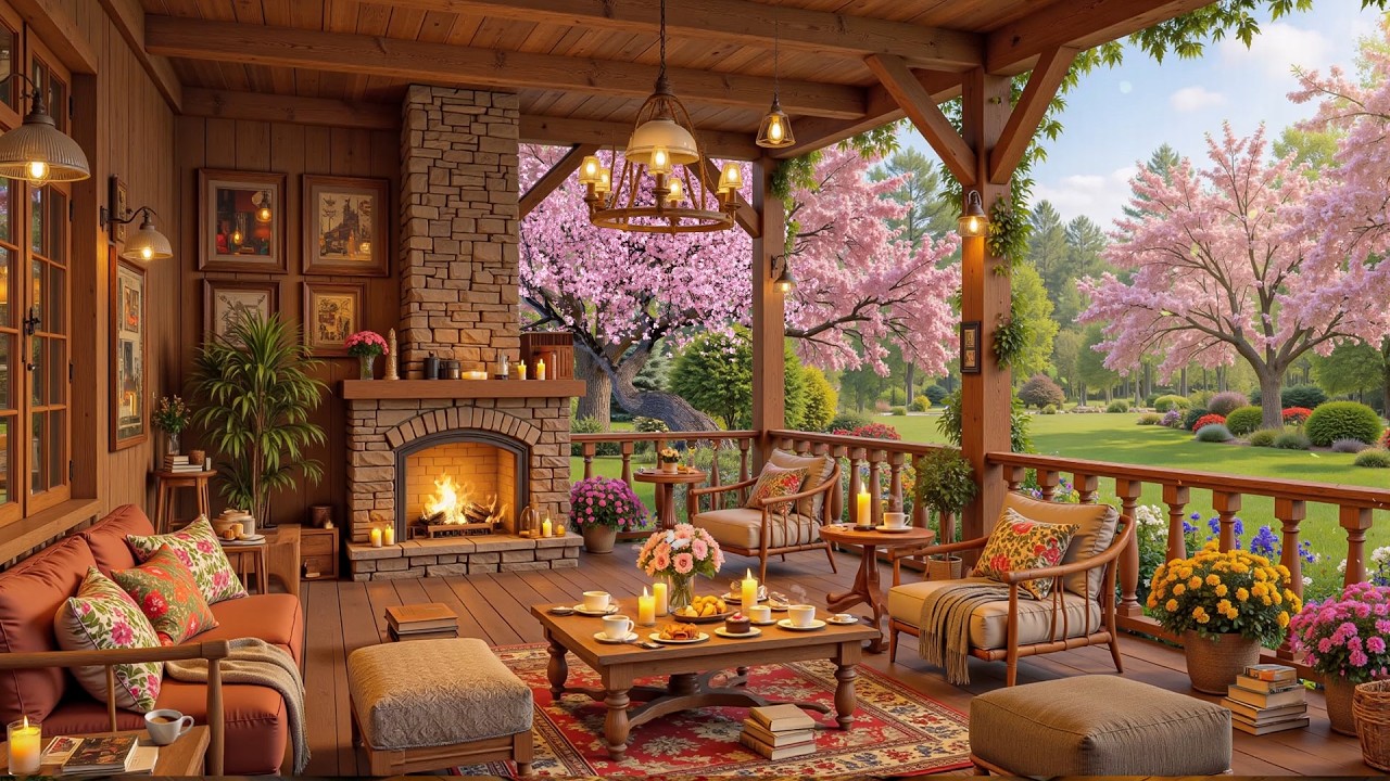 Sunny Forest Coffee Shop Jazz ☀️🌲☕ Calm Jazz Music & Fireplace Sounds for Focus and Relax