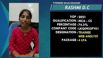 Successfully placed as TRAINEE WEB ANALYST | RASHMI D.C | PySpiders
