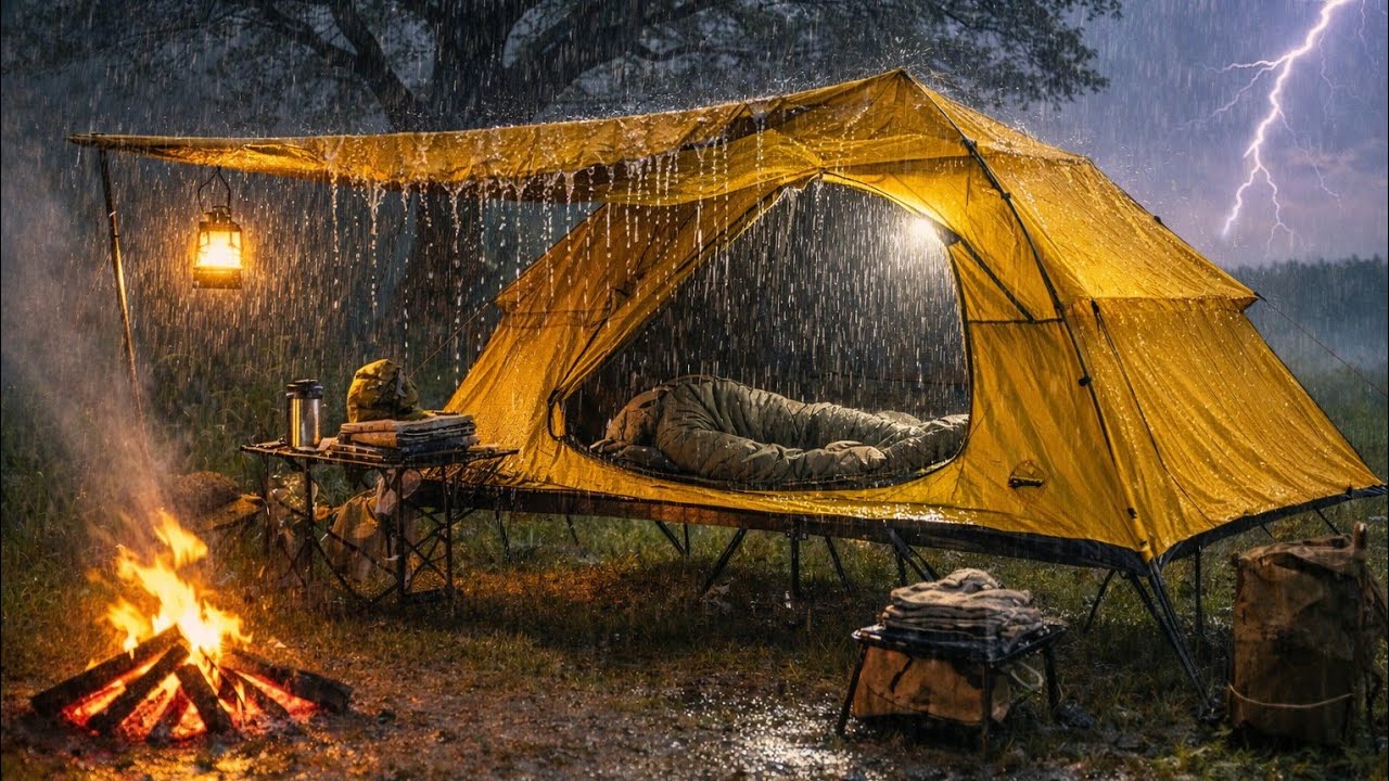 Кемпинг в одиночку под сильным дождем 🏕️🌧️ Борьба с сильным дождем ASMR