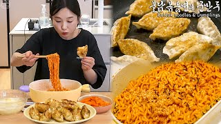 Real Mukbang:) “Spicy buldak noodles &amp; Dumplings” eaten after gardening