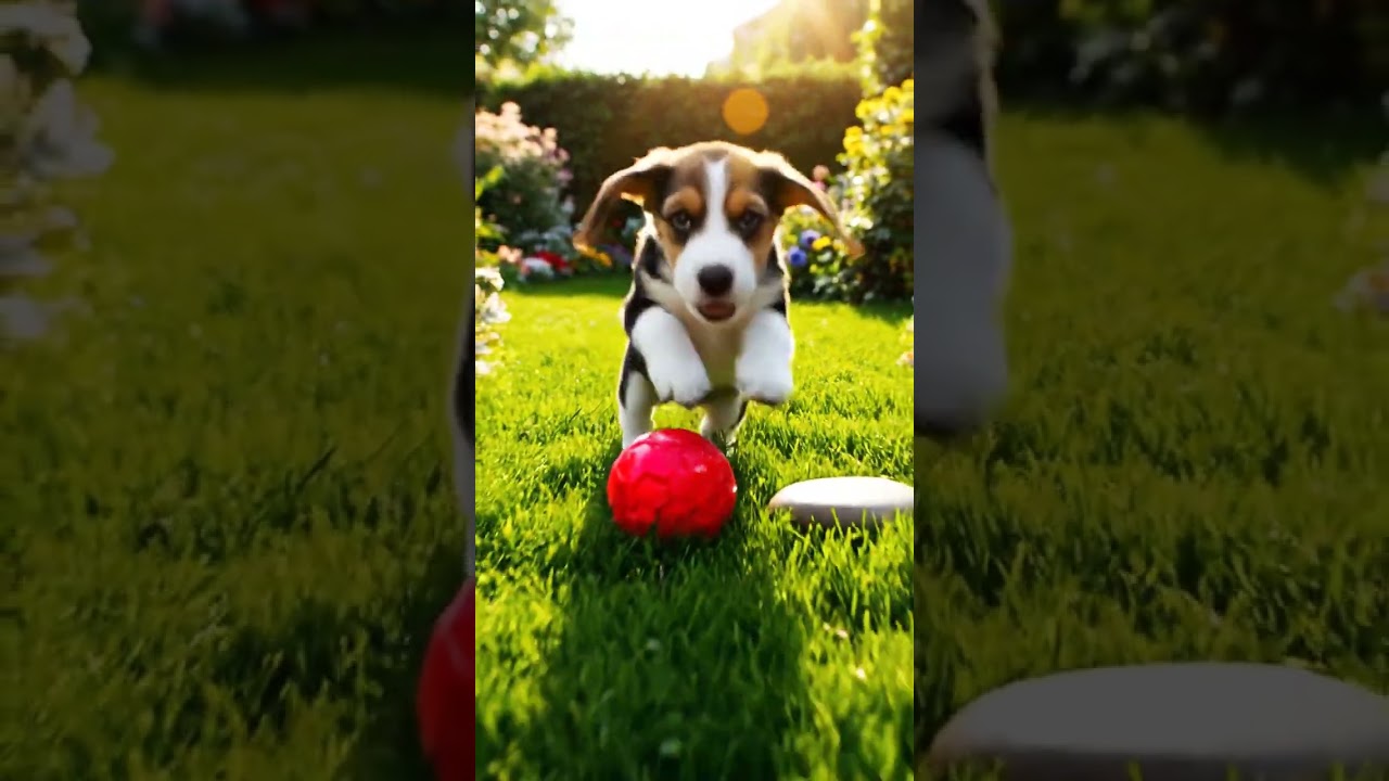 A puppy running around and playing, wagging its tail. 