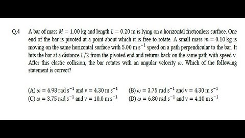 A bar of mass 𝑀 = 1.00 kg and length 𝐿 = 0.20 m is lying on a horizontal frictionless surface.