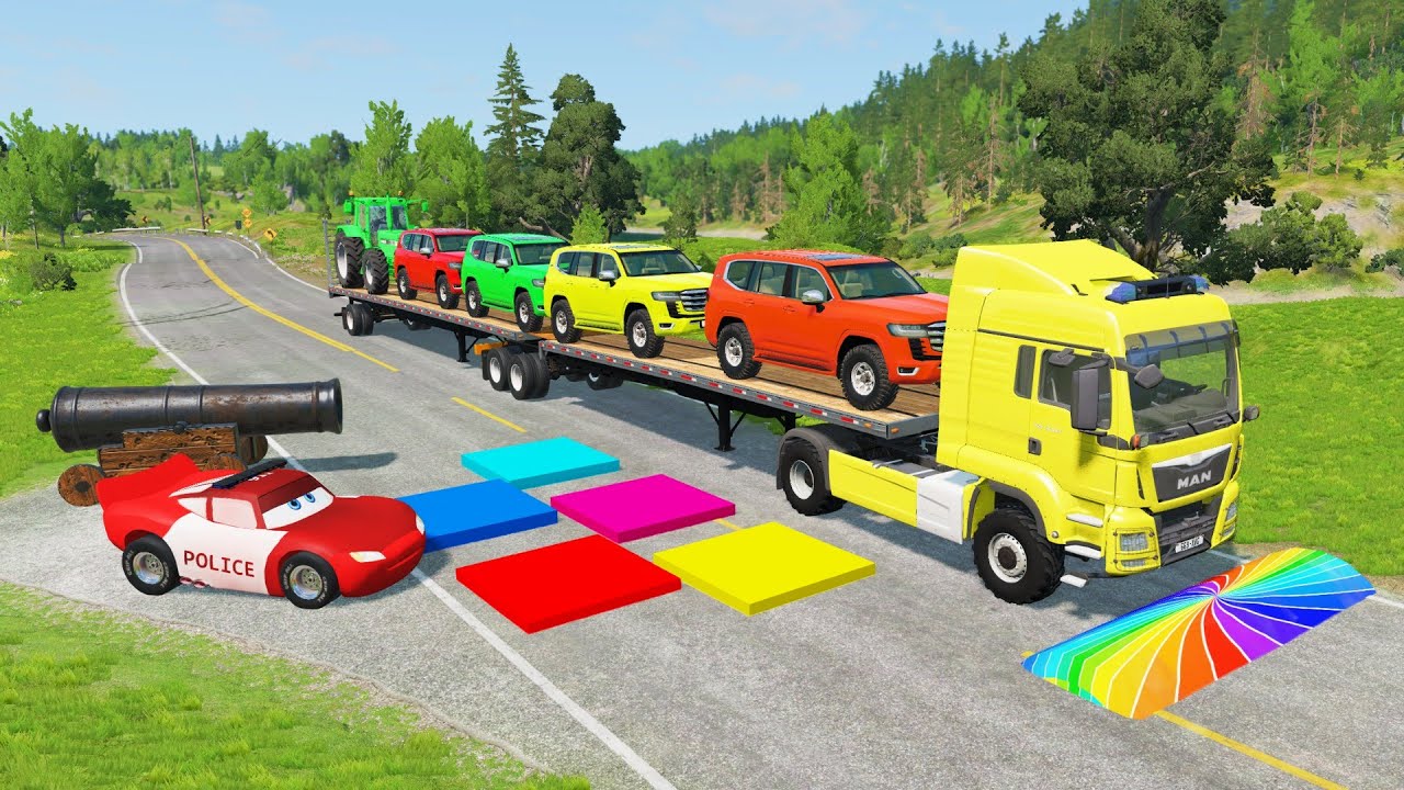 Flatbed Truck McQueen | Transportation with Truck - Pothole vs Car #10| BeamNG.Drive Gameplay
