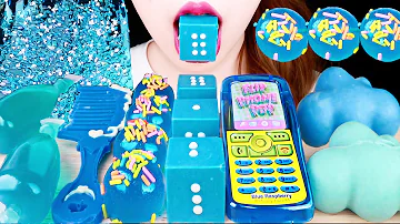 ASMR CRUNCHY DICE, CLOUD, HAIR BRUSH, CELL PHONE JELLY, FRUIT JLELY 파란색 먹방 EATING SOUNDS MUKBANG 咀嚼音