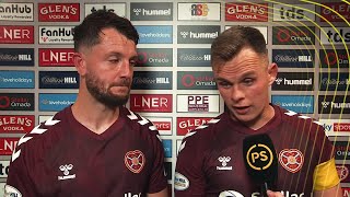 Craig Halkett and Lawrence Shankland react after Hearts' Edinburgh Derby win