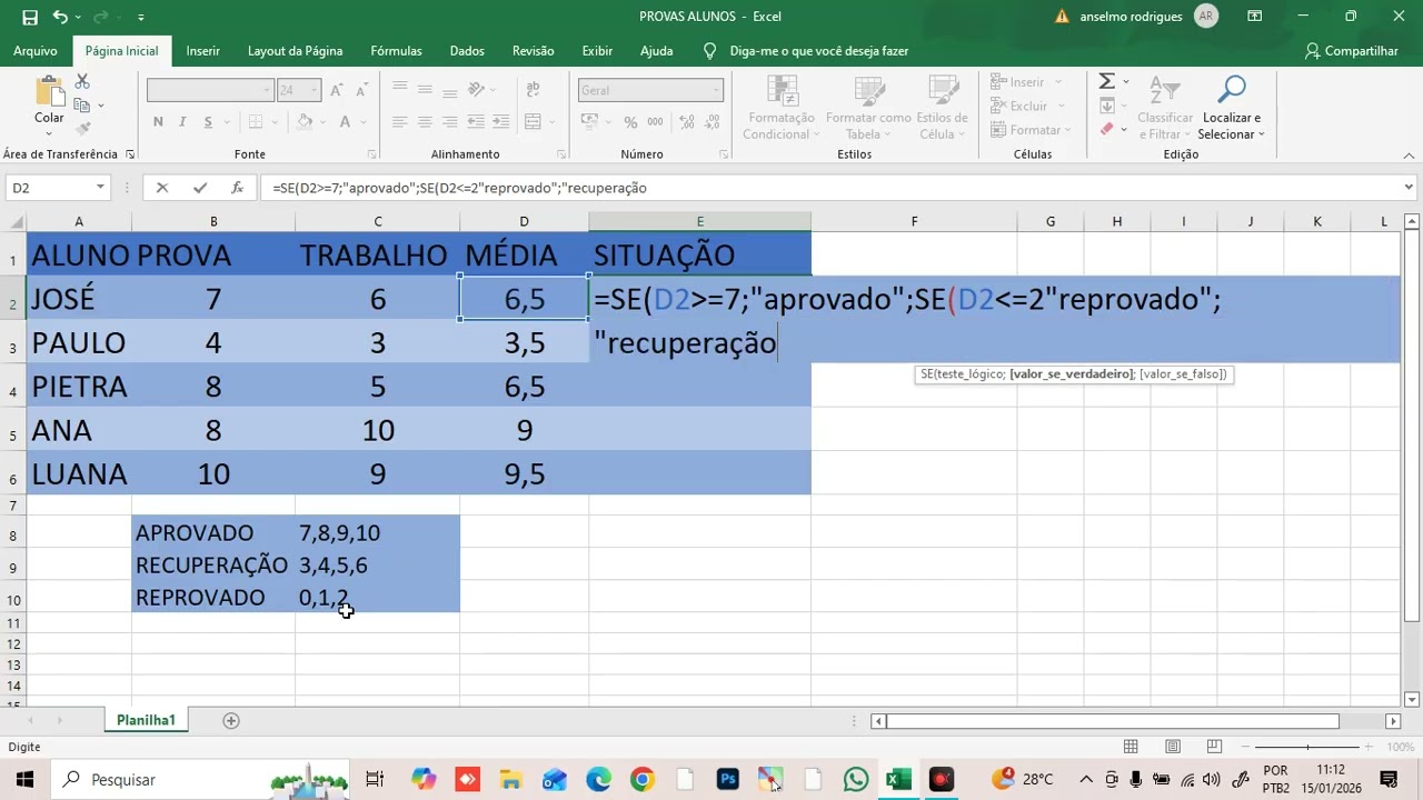 Função SE no Excel com 3 Argumentos