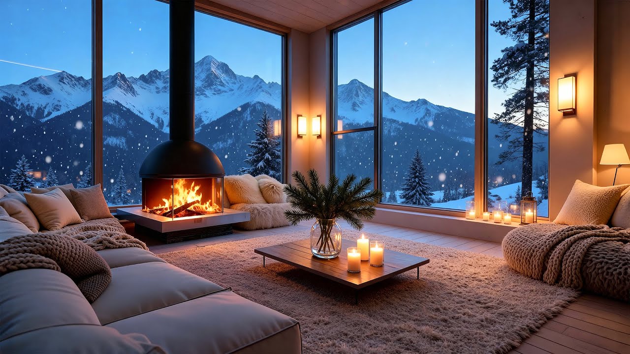Вечернее уединение под звуки горной музыки ❄️ Свет камина и снегопад для спокойного сосредоточения
