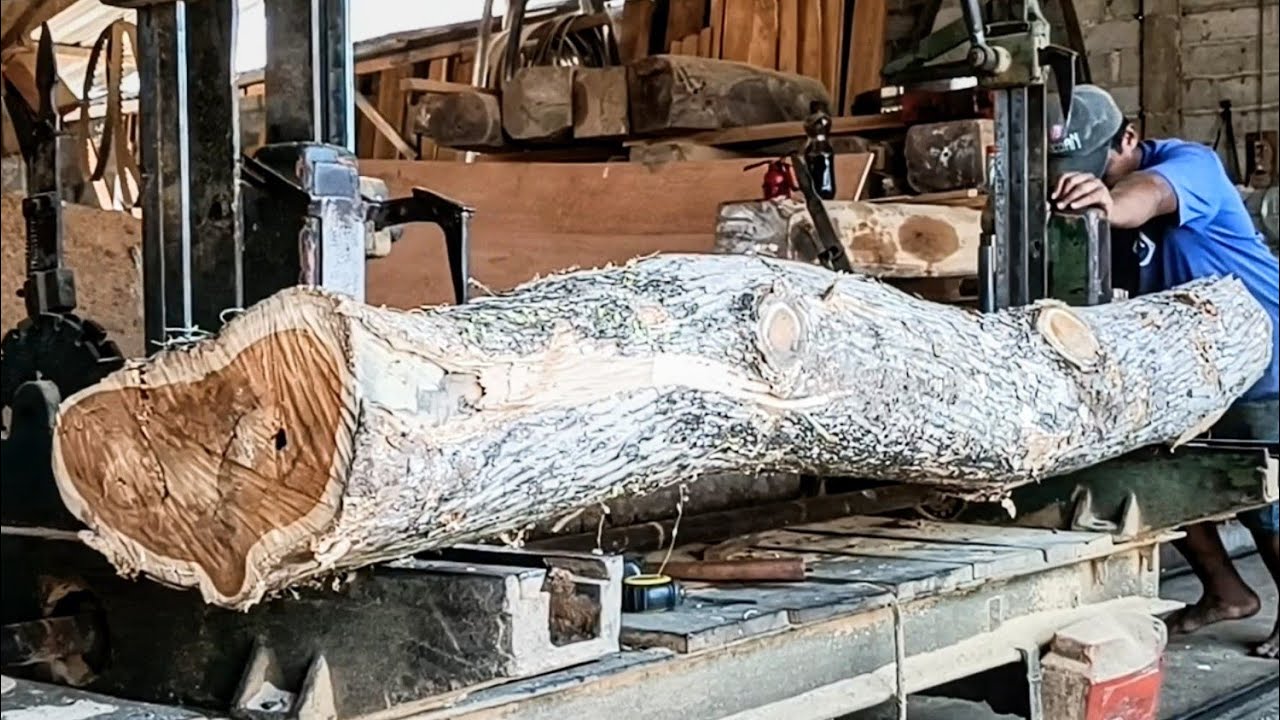 The process of sawing teak wood into doors frame