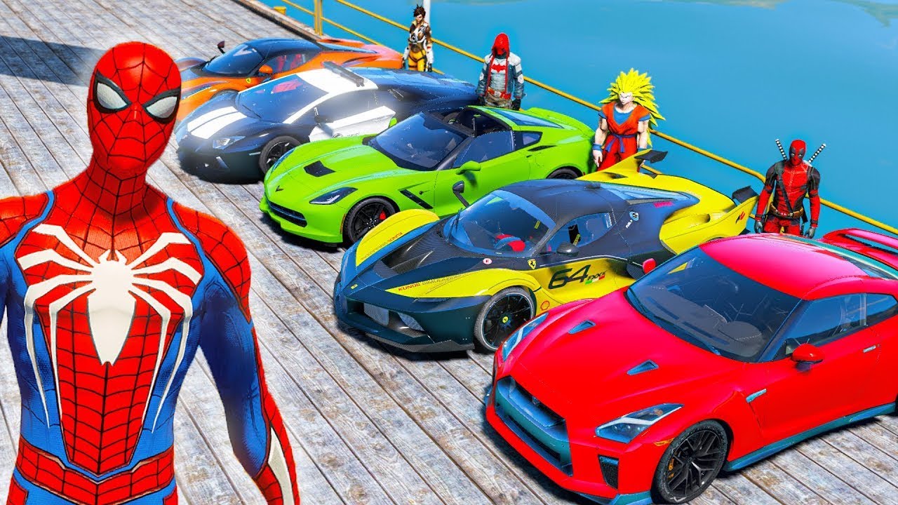 Spiderman CARS Challenge With Superheroes - GTA 5 MODS 