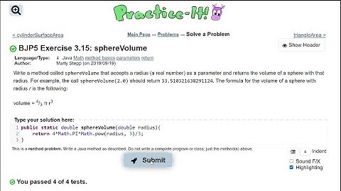 Java Practice It || 3.15 sphereVolume || method basics, parameters, return
