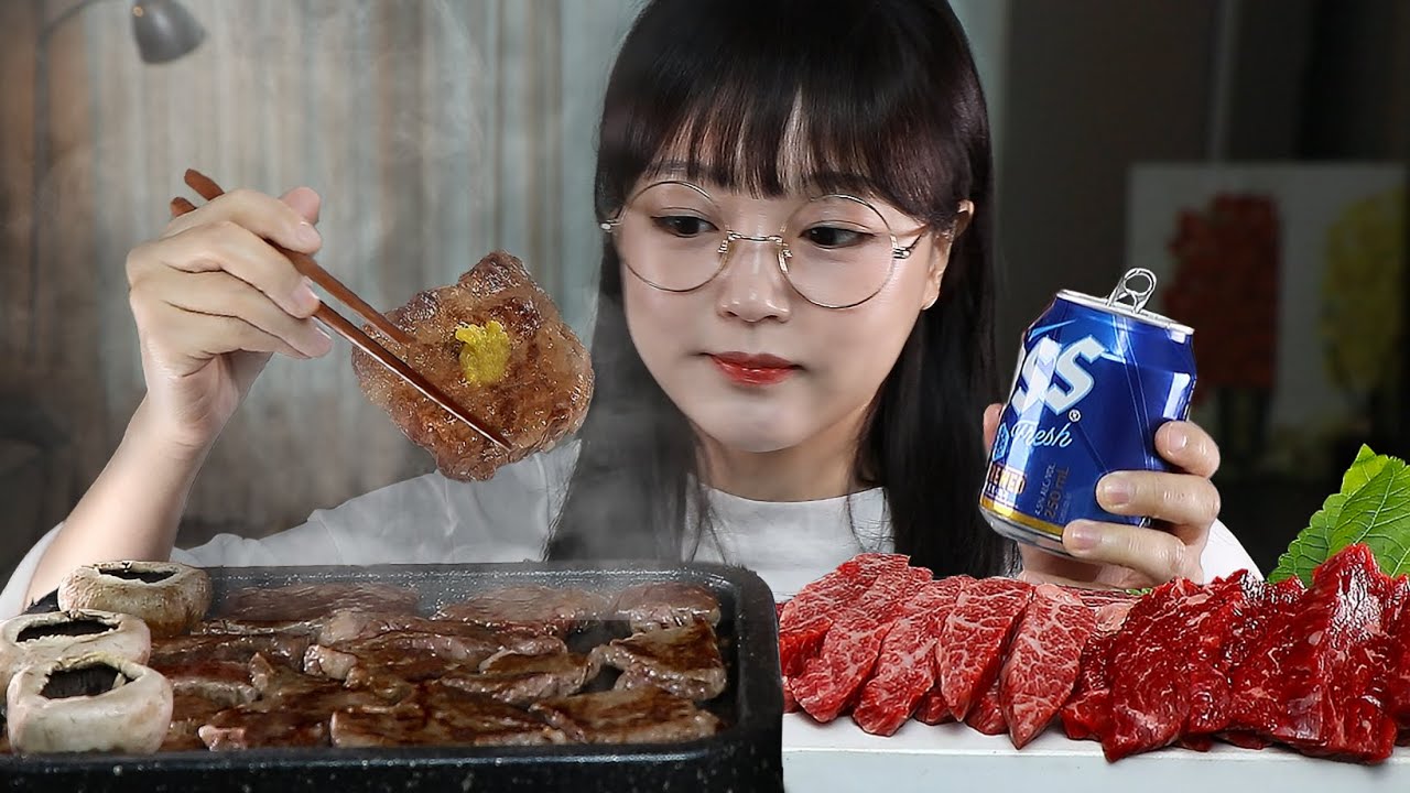 АСМР ЕДА КОРЕЙСКОЕ БАРБЕКЮ! ГОВЯДИНА НА ГРИЛЕ И ХОЛОДНОЕ ПИВО🥩🍺 | MUKBANG