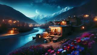 Night Nature,ASMR,Ambiance view of the house next to the river,in the village,Crescent moon,AFG3