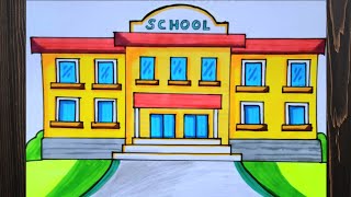 How to Draw School for beginners \/ School scenery drawing easy \/ School step by step tutorial draw