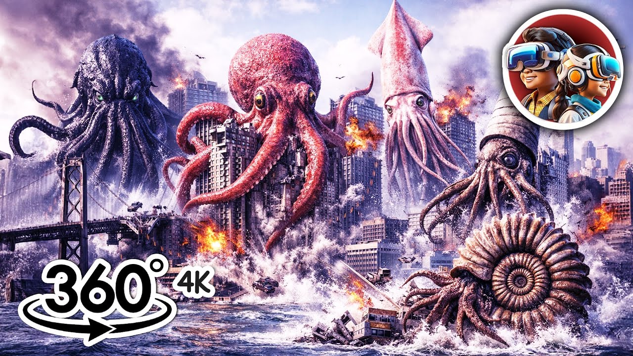 360 Giant Kraken Like Sea Monsters Size Comparison in City | 360 video 4k