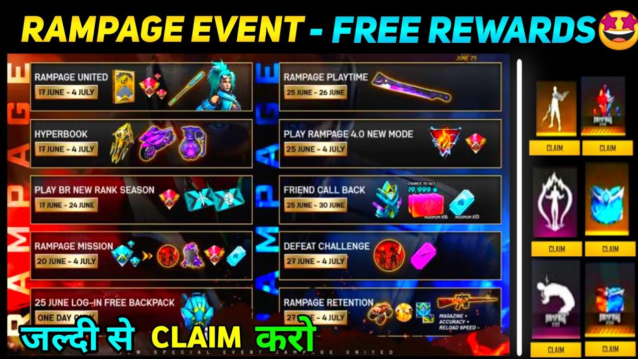 FREE FIRE RAMPAGE 4.0 EVENT FREE REWARDS NEW UPCOMING EVENTS & LOGIN REWARDS NEW UPCOMING EVENT