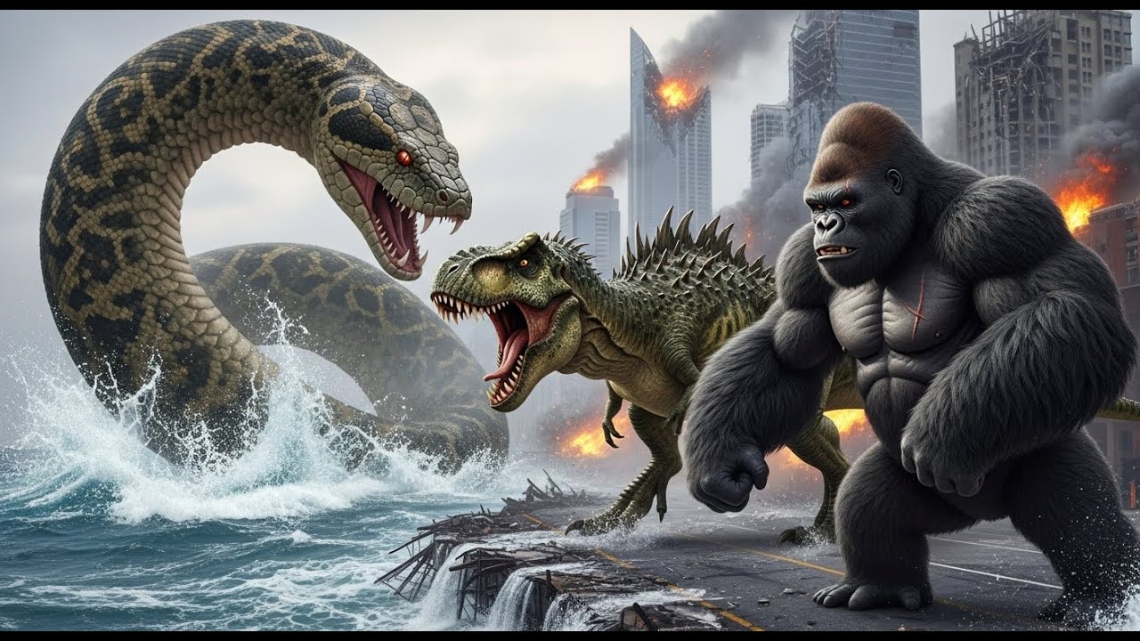 witness-chaos-when-giant-beasts-clash-the-titan-pythons-rampage-across-sea-and-city||King Kong movie