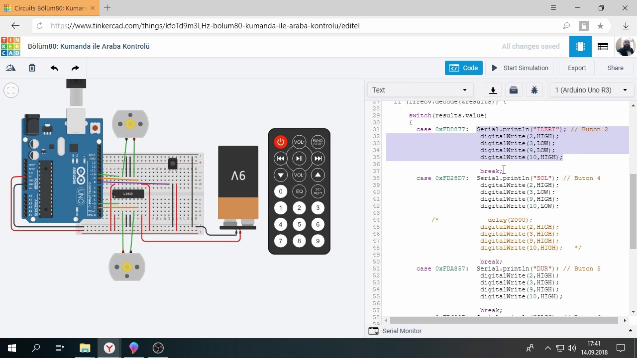 Tinkercad ile Arduino Bölüm 80 : Kumanda ile Araba Kontrolü - YouTube
